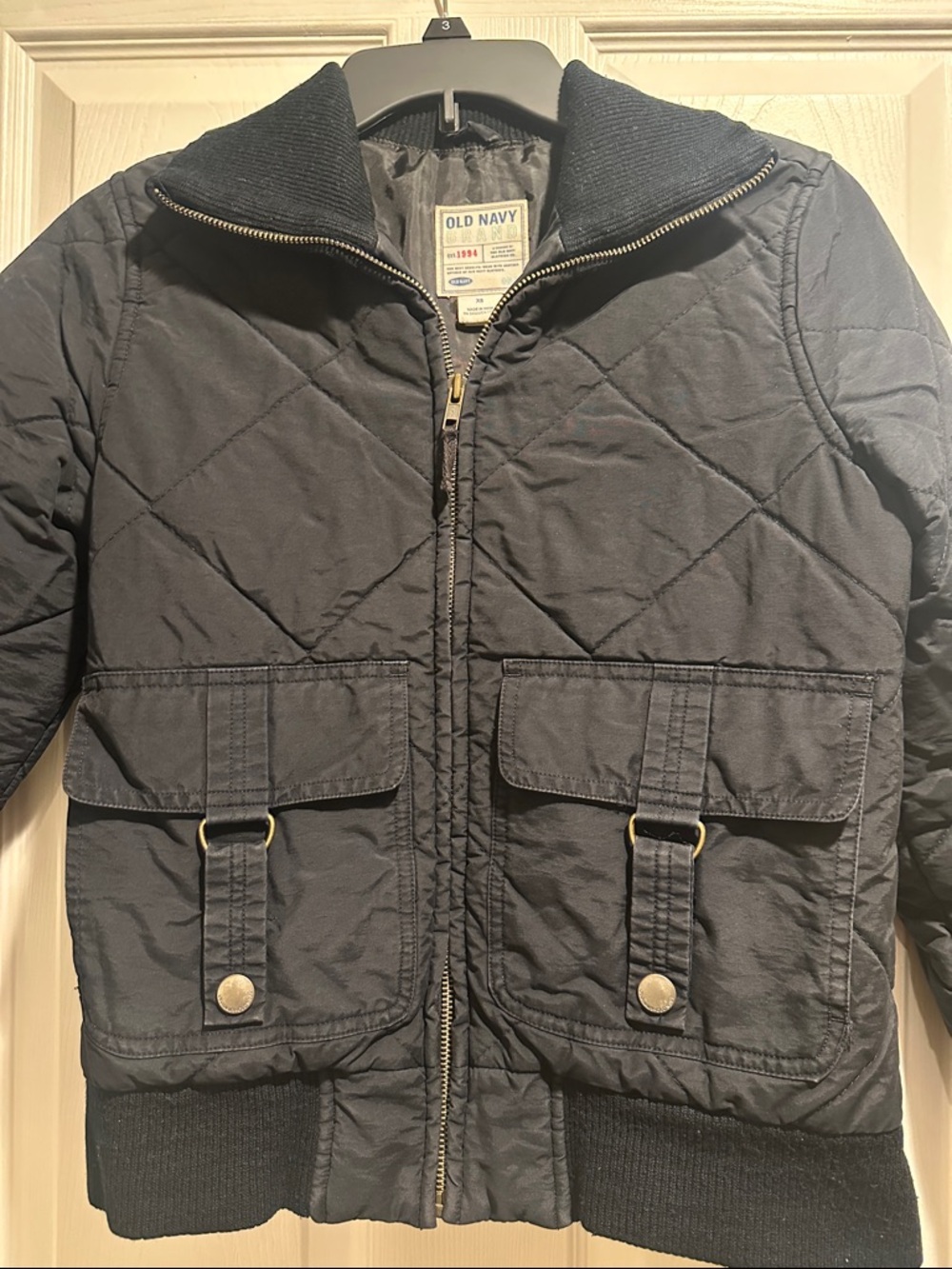 Old Navy Black Quilted Bomber Jacket with Flap Pockets and Ribbed Trim